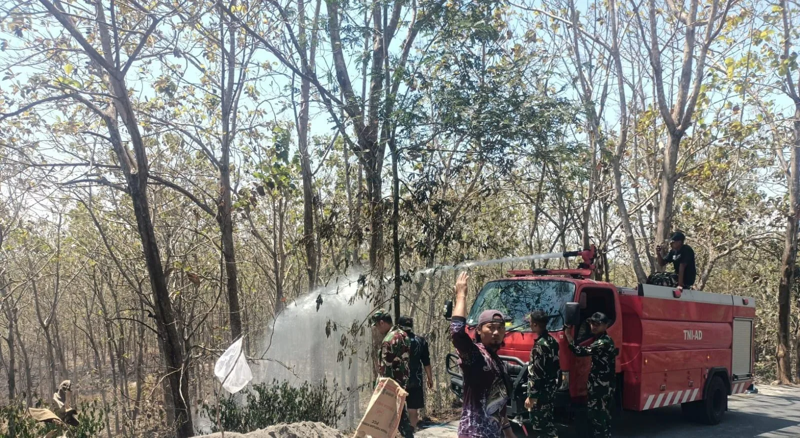 Babinsa Arjosari Bersama Damkar dan Warga Padamkan Kebakaran Hutan di Pacitan